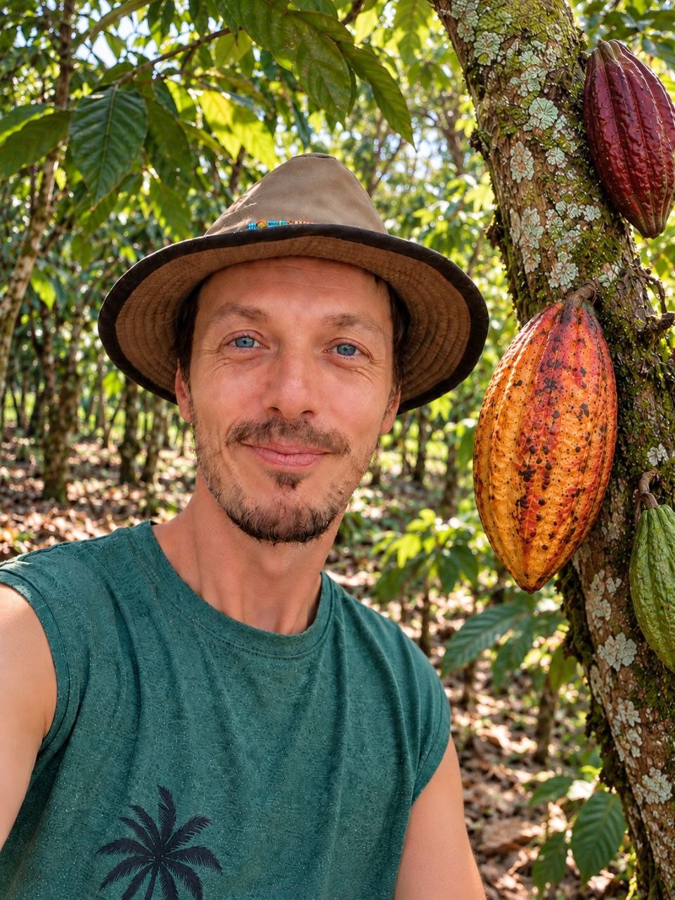 Jochen Petz mit Kakaofrüchten auf einer Kakaoplantage
